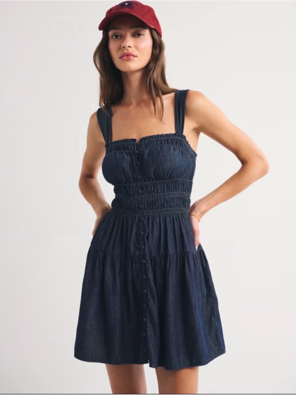 Chambray Bra-Free Button-Through Smocked Mini Dress